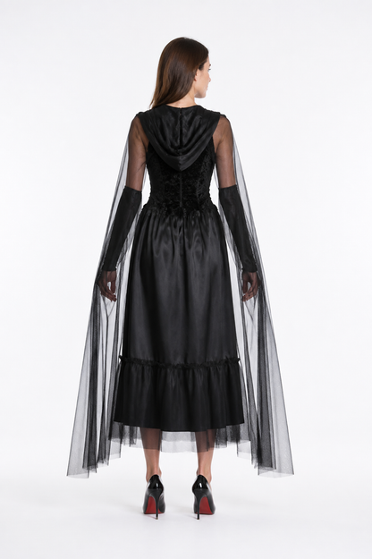 Black Ghost Bride Dress with Hood and Cape back view