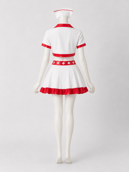 White and Red Nurse Costume with Skirt and Cap
