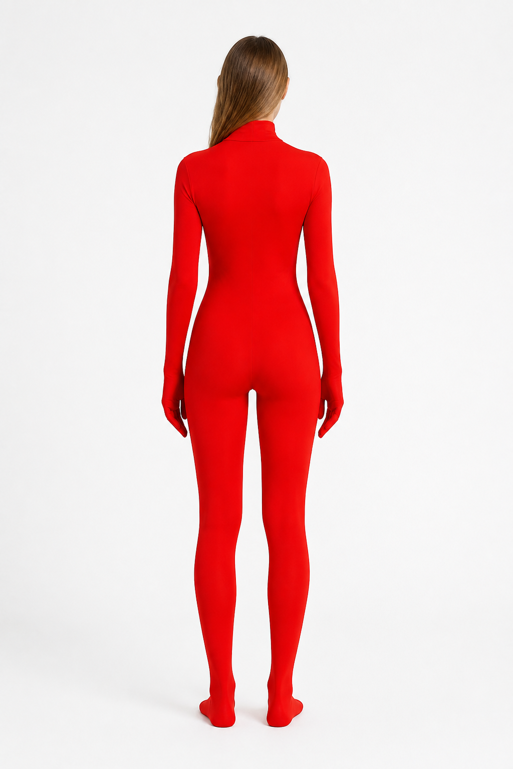 Red Zentai Jumpsuit with Covered Hands and Feet back view