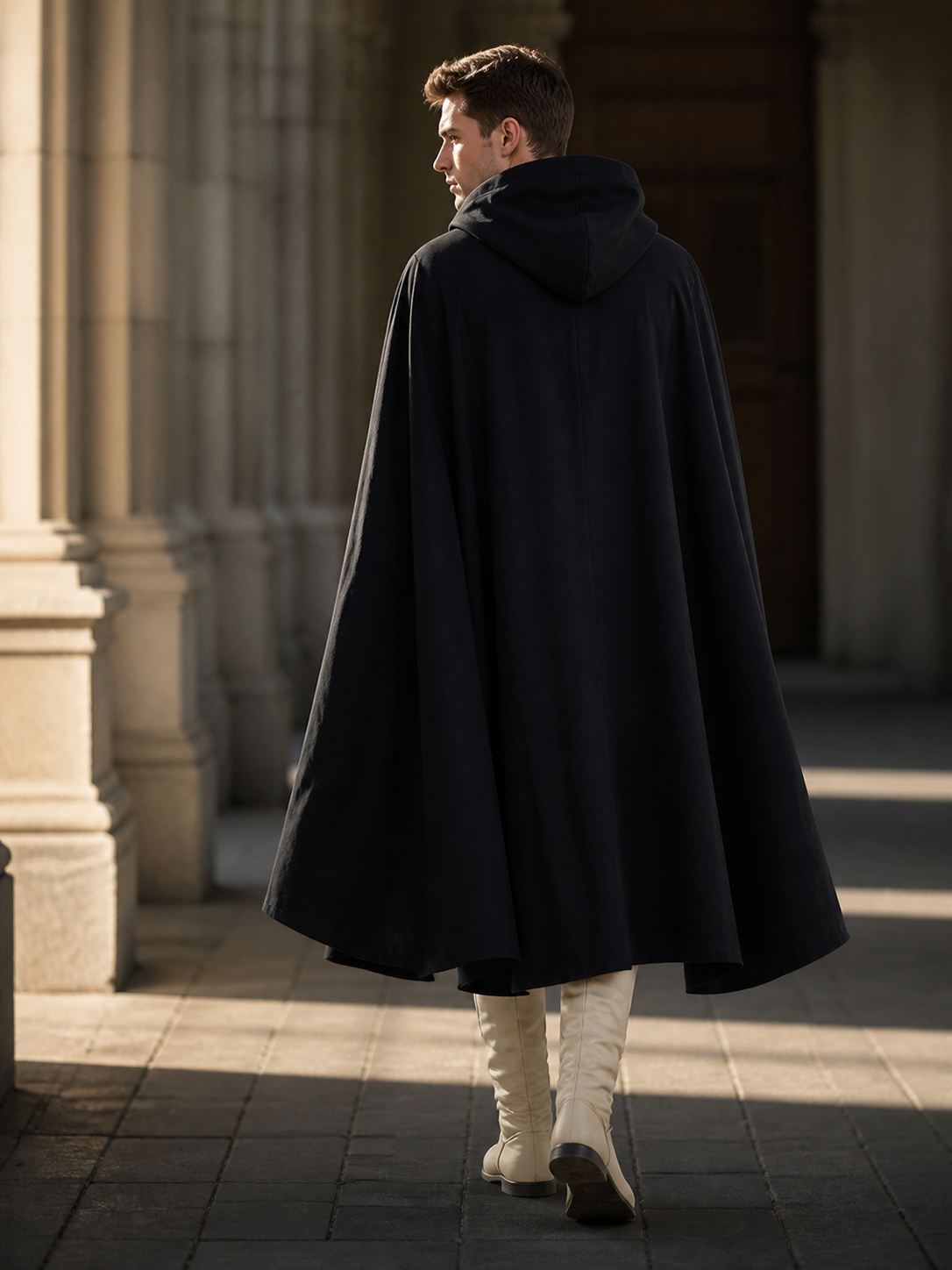 Black Long Hooded Cotton-Linen Cloak back view 5
