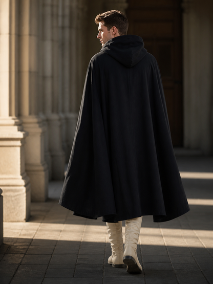 Black Long Hooded Cotton-Linen Cloak back view 5