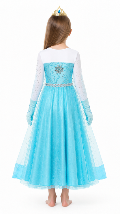 Snow Queen Elsa Costume with Crown and Gloves back view