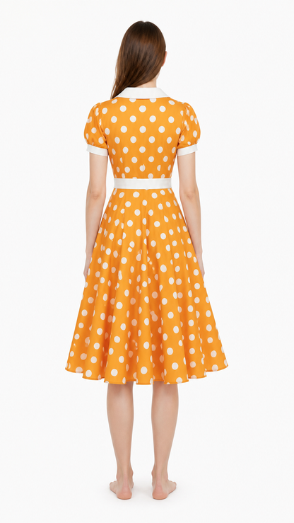 Polka Dot Dress with a Turn-Down Collar and Belt back view