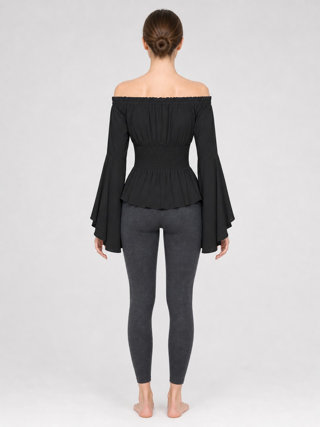 Black Off-the-Shoulder Blouse with Flared Sleeves