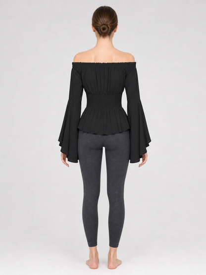 Black Off-the-Shoulder Blouse with Flared Sleeves