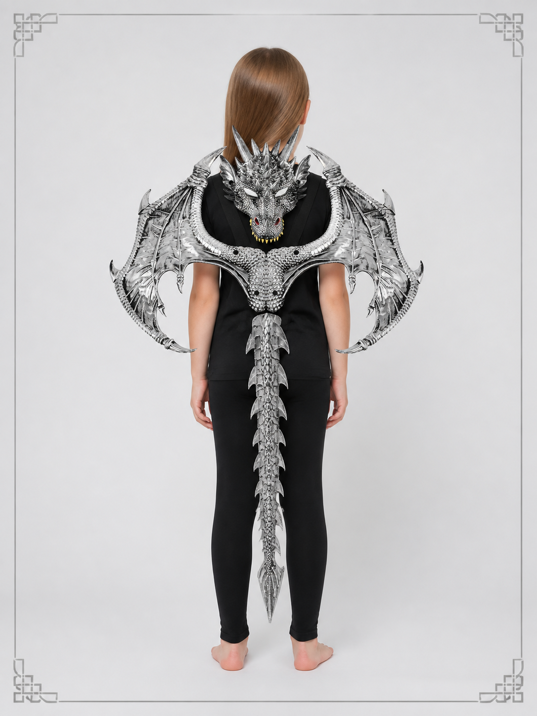 Silver cosplay mask with dragon wings back view