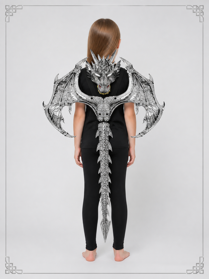 Silver cosplay mask with dragon wings back view