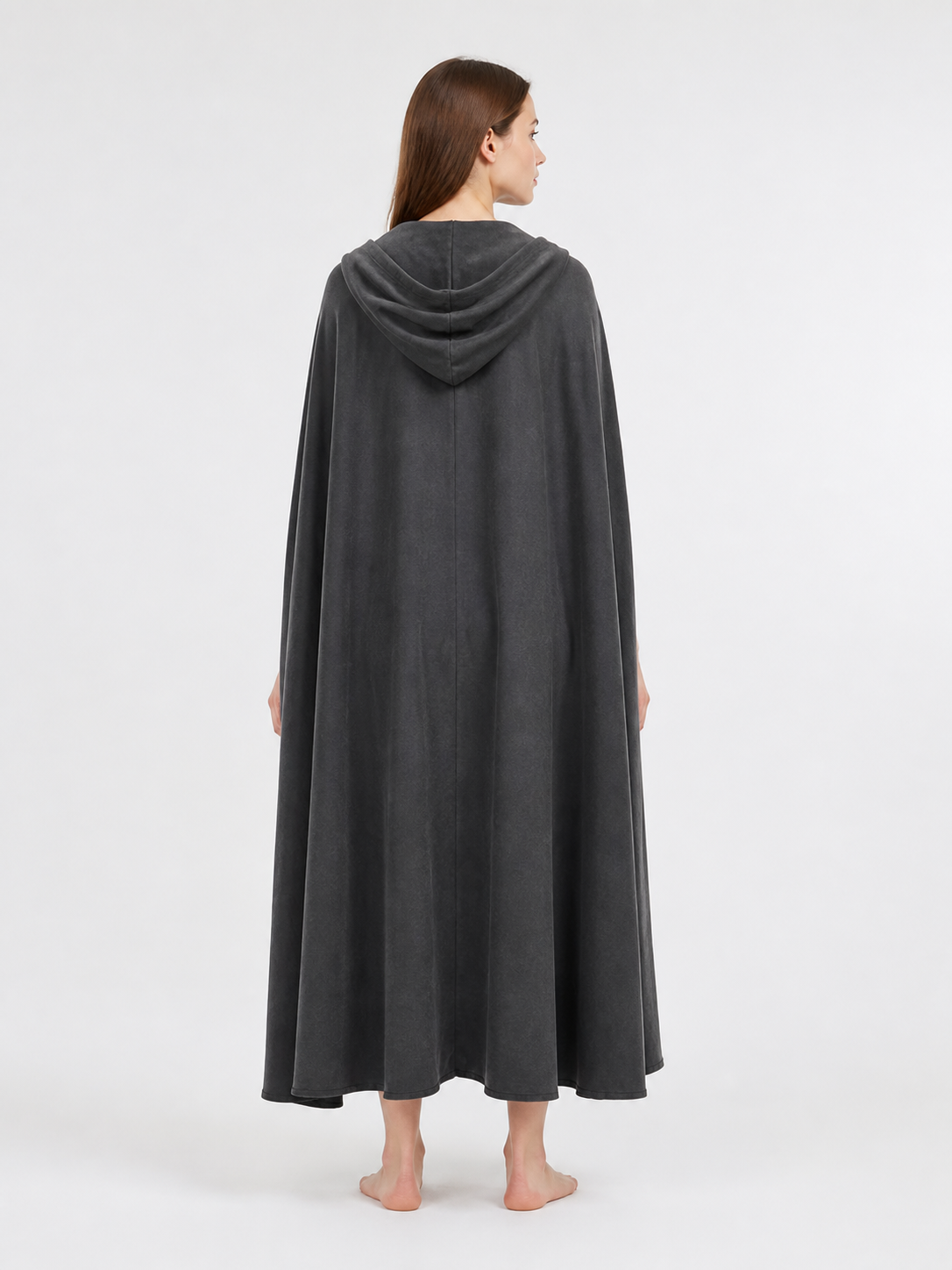 Adult Fantasy Hooded Cape, Long Dark Gray Cloak With Front Tie Closure, Wide back view 3