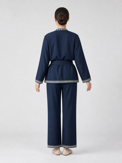 Tunic with a stand-up collar and belt, dark navy