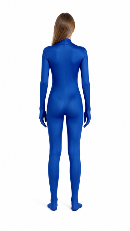 Blue Tight-Fitting Hooded Jumpsuit back view