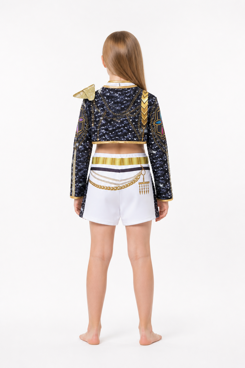 Stage Costume: Black Sequin Jacket with White Shorts back view