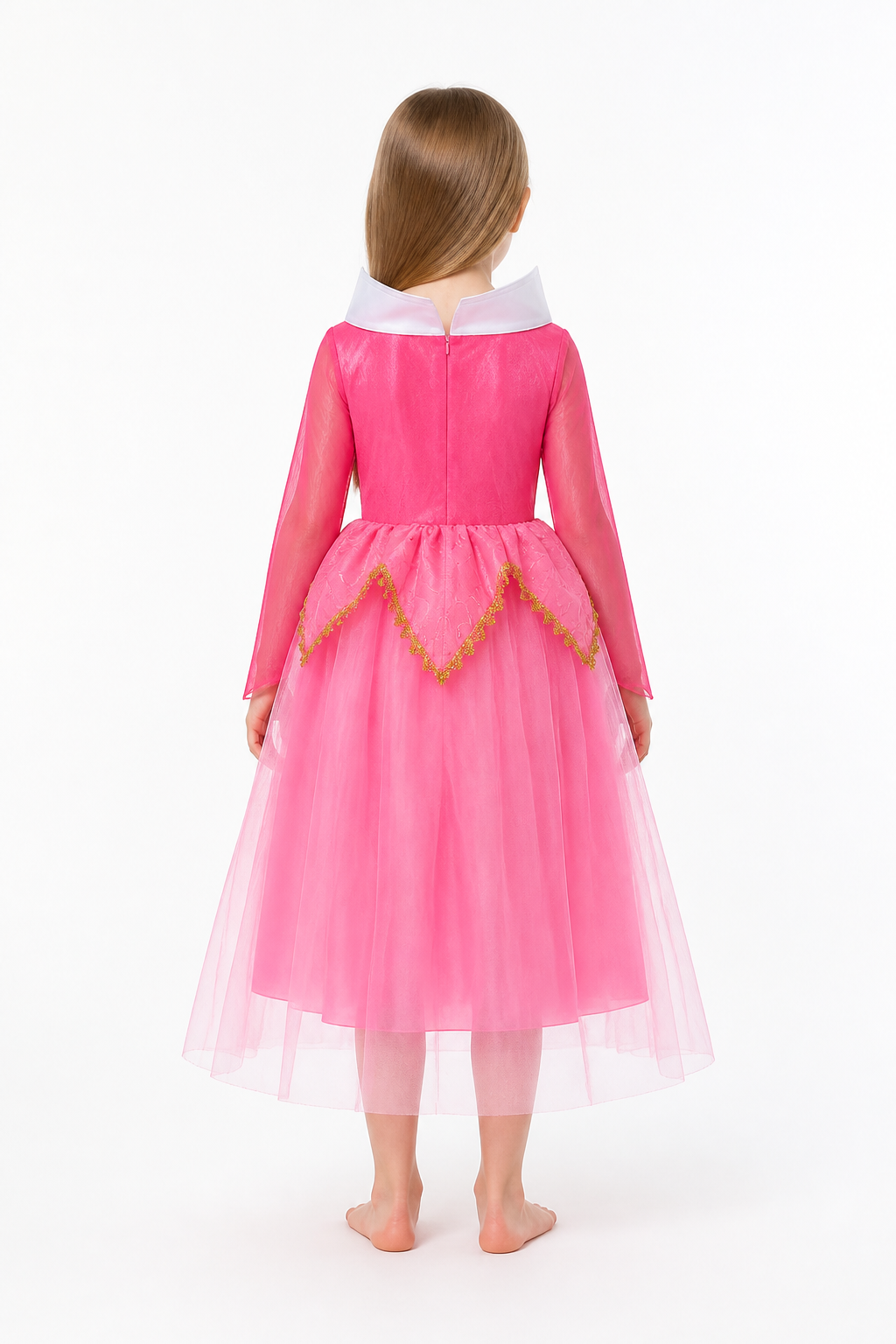 Full White, Pink, and Gold Princess Dress back view