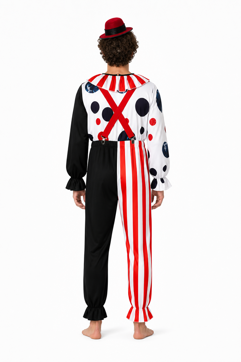 Clown Costume with Pants and Hat, Red, White, and Black back view