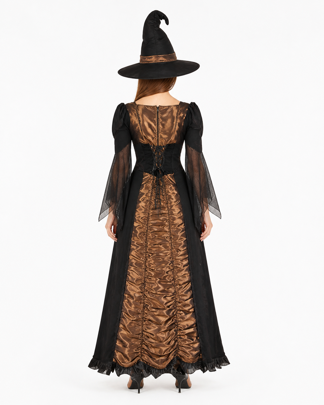 Long Black and Gold Cosplay Dress with Sleeves back view
