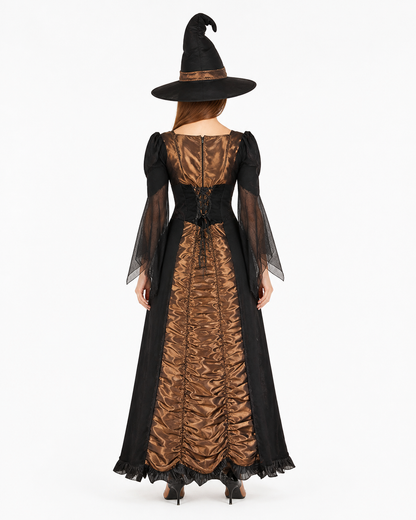 Long Black and Gold Cosplay Dress with Sleeves back view