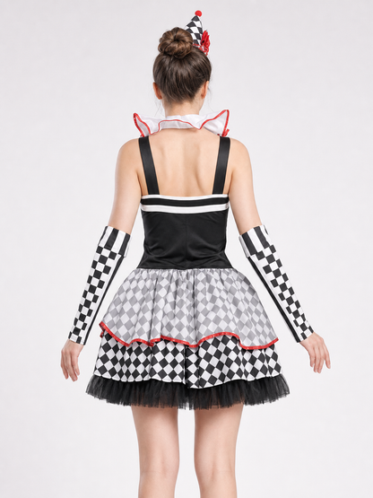 Clown Carnival Costume: Dress, Gloves, and Cap