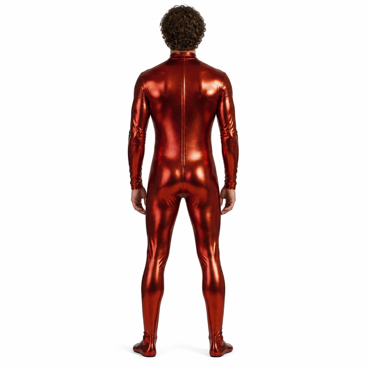 Glossy form-fitting jumpsuit with a zipper and feet back view