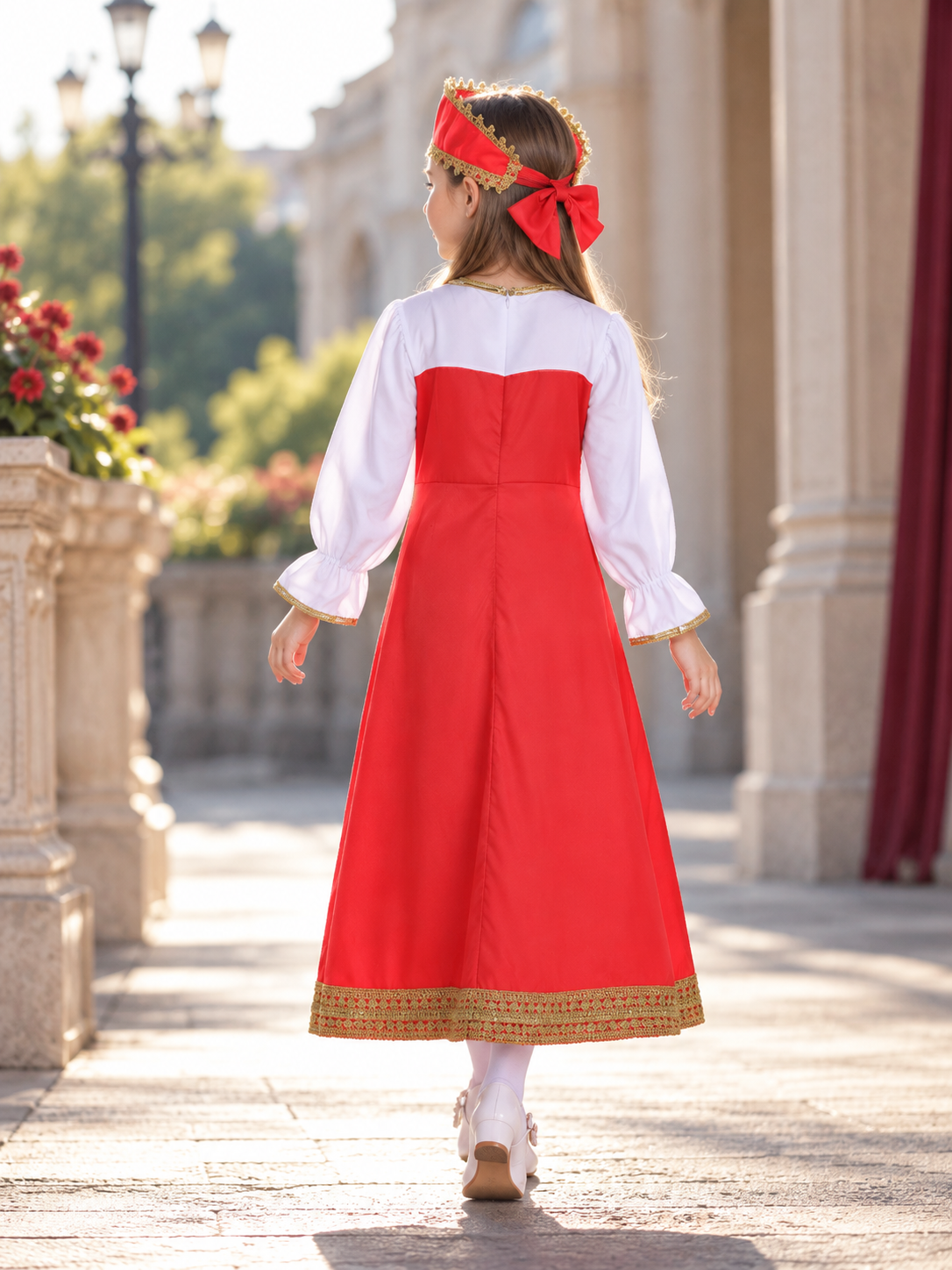 Red Dress with Headpiece and Gold Braid back view