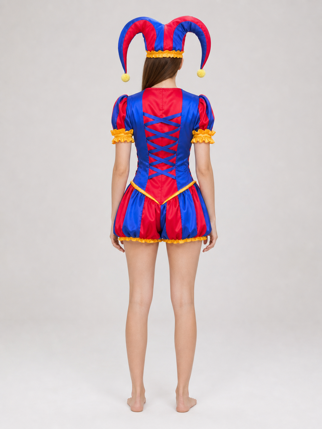 Bright circus clown-style costume with a dress and headpiece, designed for cosplay, themed events, costume parties, and stage performances. The set features an expressive red-and-blue color scheme with yellow and gold accents. The main piec