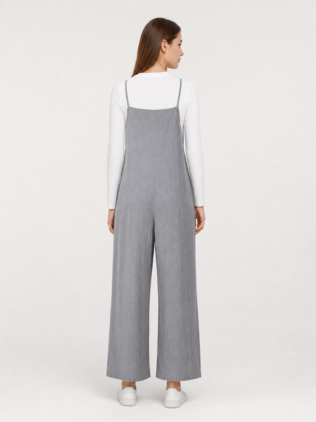 Gray Cotton-Linen Wide-Leg Bib Overalls with Straps