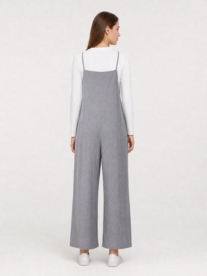 Gray Cotton-Linen Wide-Leg Bib Overalls with Straps