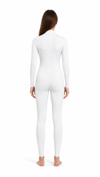 White One-Piece Bodysuit with Hood, Long Sleeves, and Feet back view