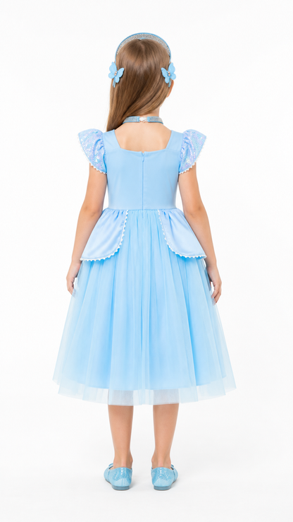 Blue Cinderella Dress, Full Skirt, with Carnival Accessories back view