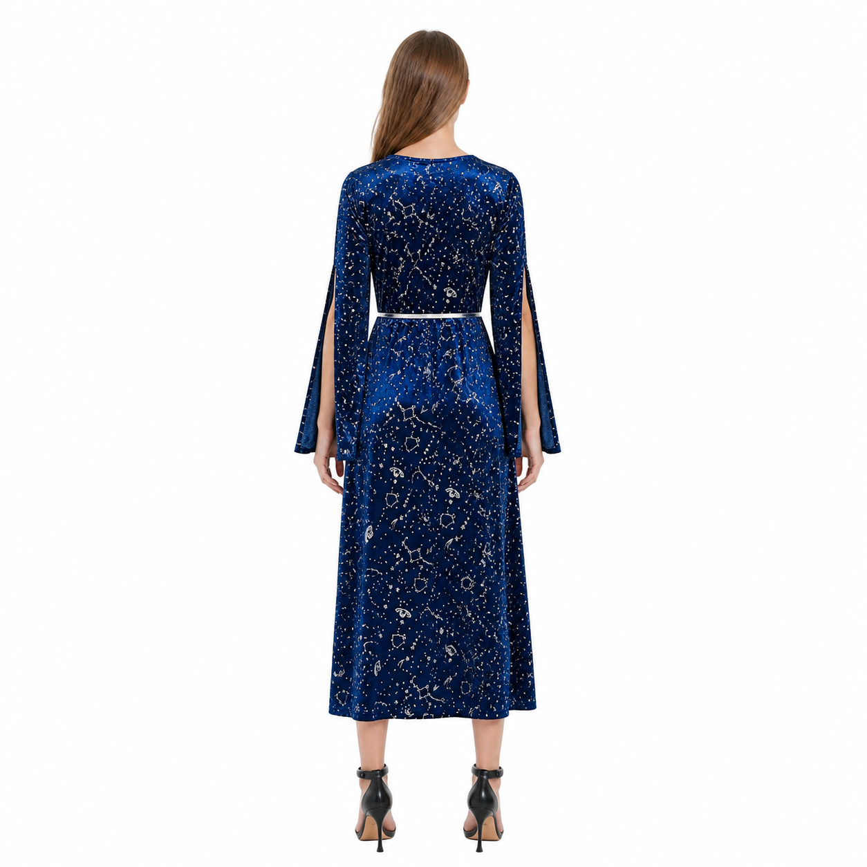 Long Blue Dress with Star and Moon Print, Flared Sleeves back view