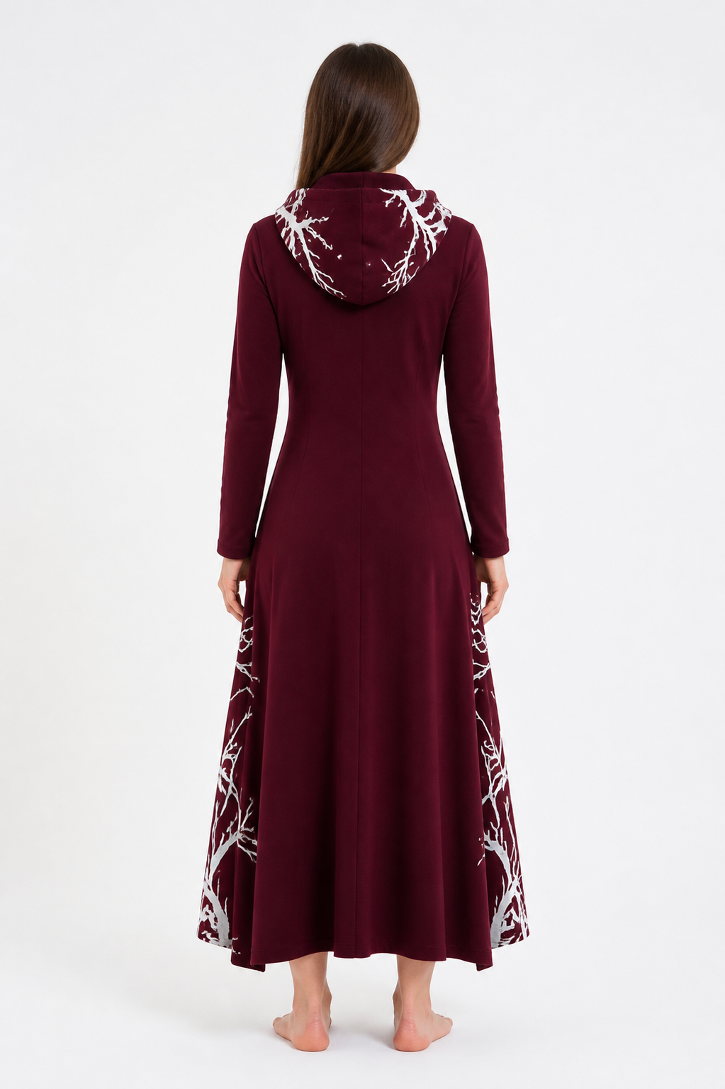 Wine-Colored Hooded Cloak with Branch Print for Halloween back view