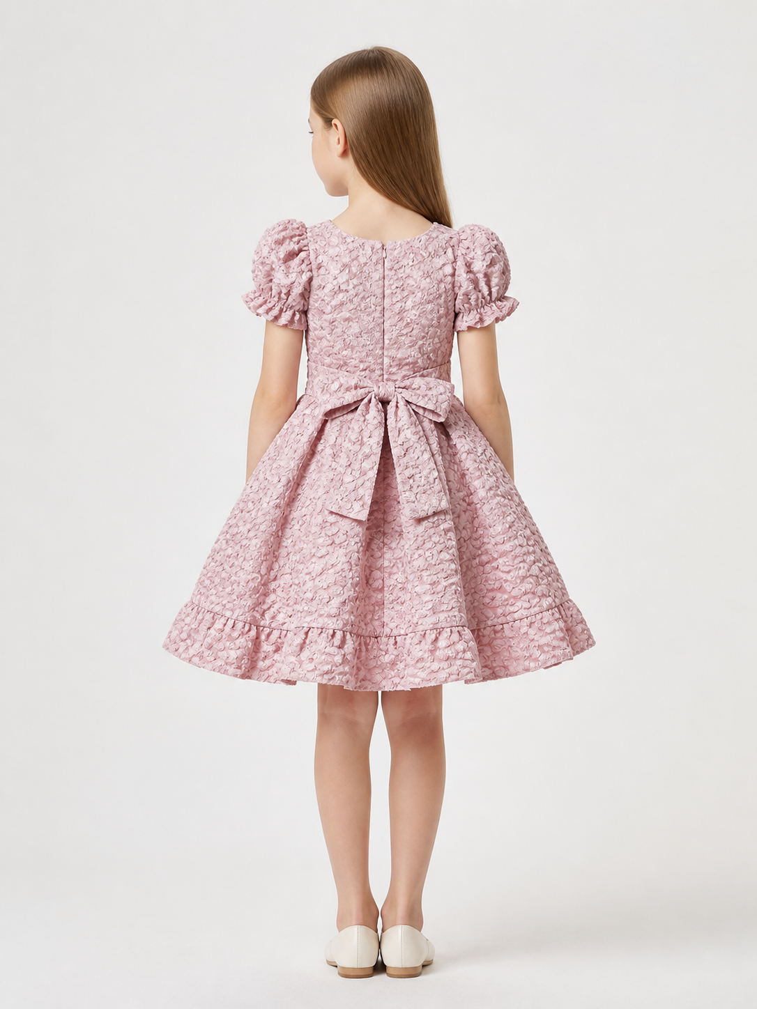 Pink Full Dress with Bow and Puff Sleeves back view