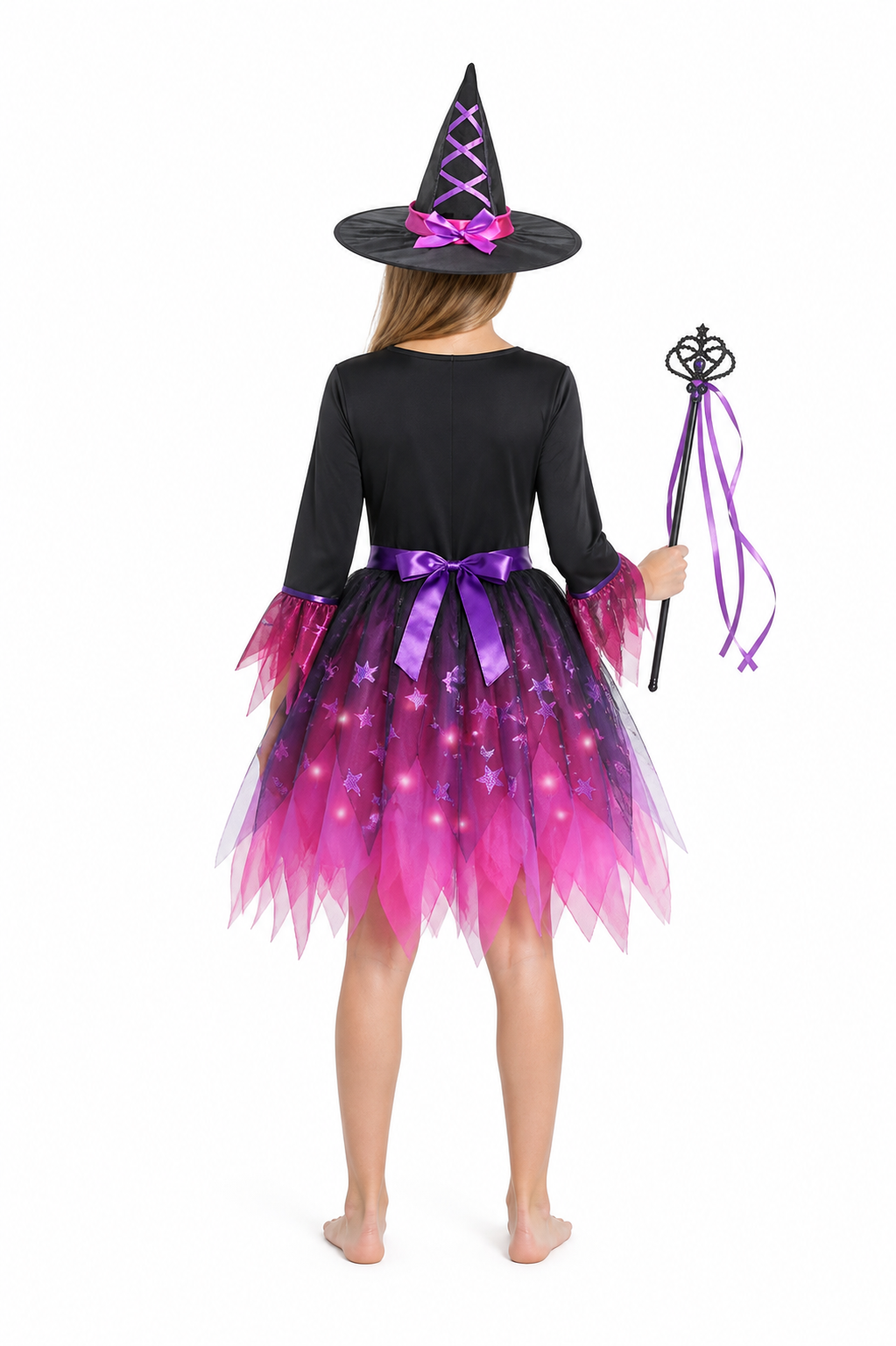 Light-Up Witch Costume with Dress, Hat, and Wand back view