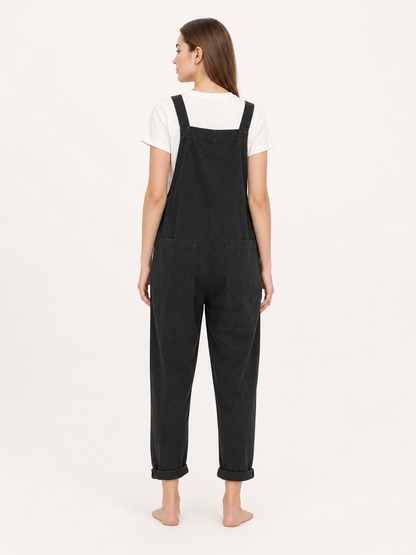 Black Loose-Fit Overalls with Pockets