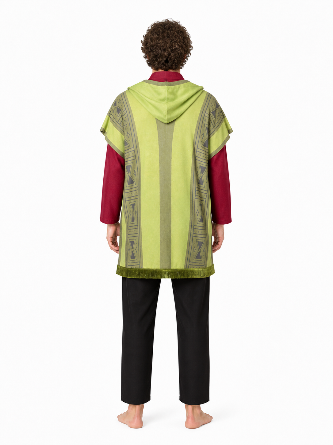 Costume with a striped cape and geometric pattern back view