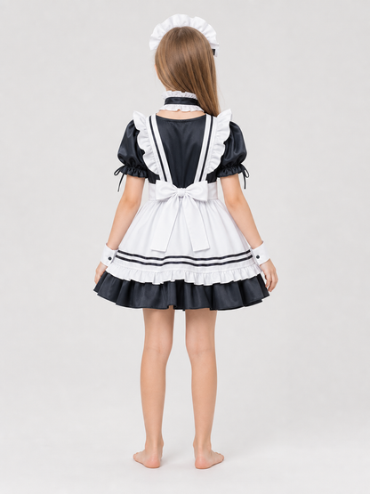 Black-and-White Maid-Style Dress with Ruffles and Bows