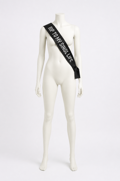 Black Sash with Gothic “RIP to My Single Life” Text for Parties back view