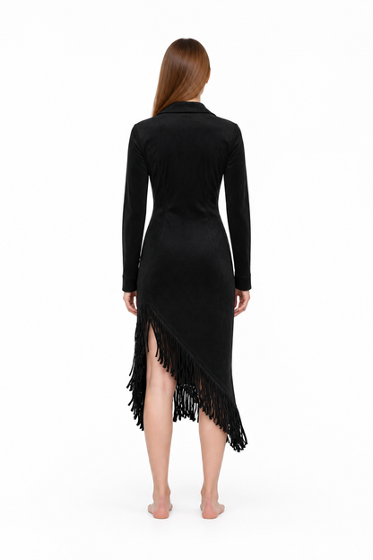 Black Fitted Dress with Long Sleeves and Fringe