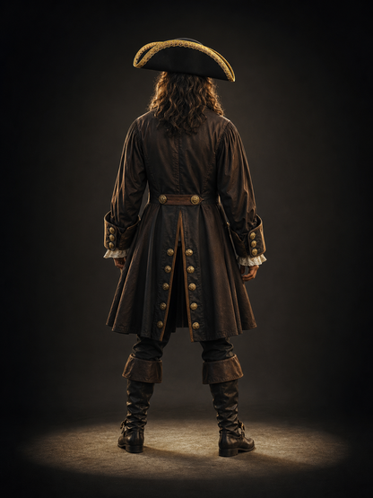 Black tricorn hat with gold edging worn by a long-haired model shown from the back