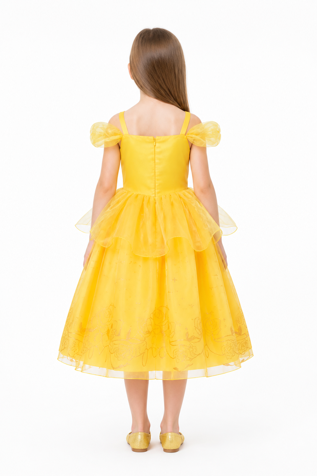 Yellow Puffy Princess Dress with Bow and Embroidery back view