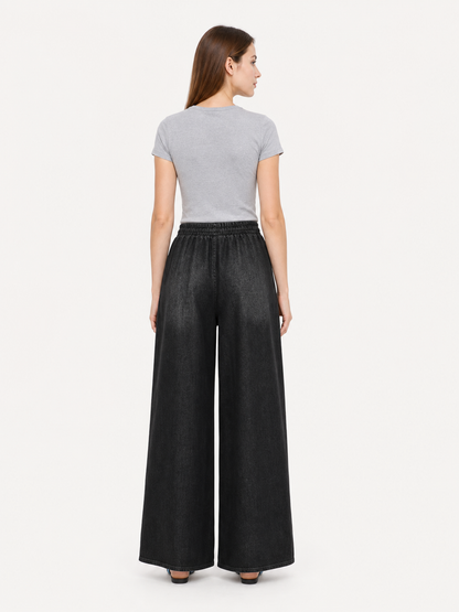 Solid Black Wide-Leg Pants with Elastic Waist and Contrast White Drawstrings back view 4