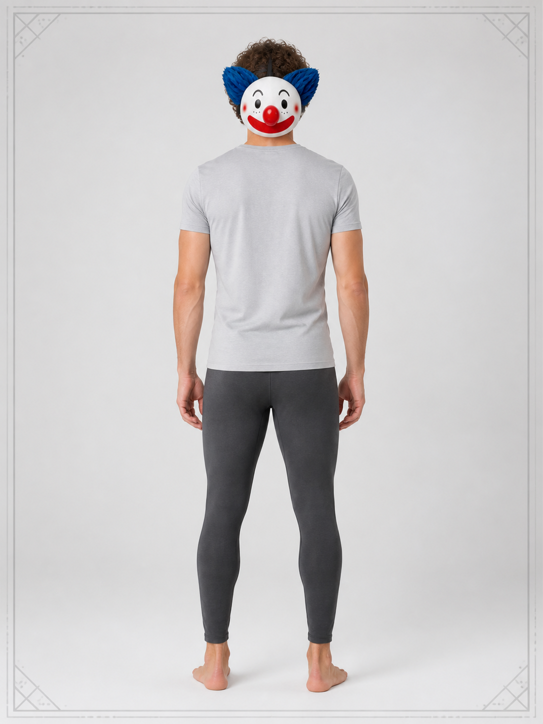 Carnival clown mask with a red nose and blue hair back view