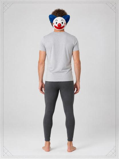 Carnival clown mask with a red nose and blue hair back view
