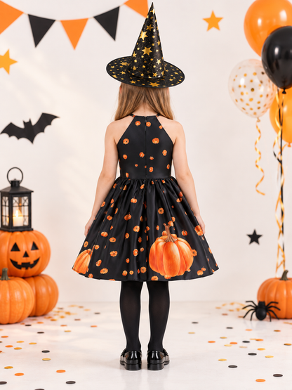Kids' costume dress with pumpkin print and black hat