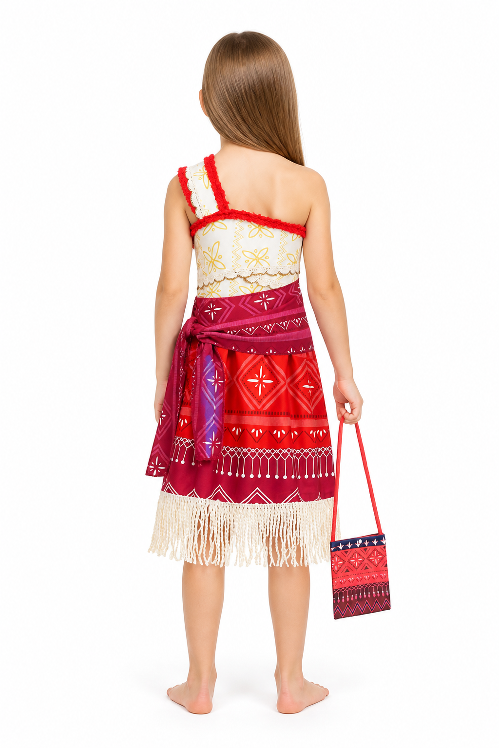 One-Shoulder Moana Costume with Fringe and Handbag back view