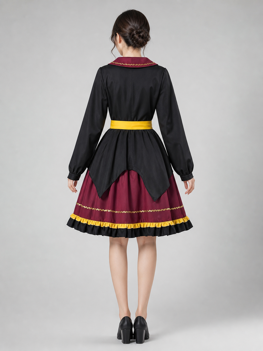 The costume dress features a combination of black, burgundy, gold, and yellow colors. The design has a black long sleeve and a burgundy notched collar attached to the dress bodice. The front is decorated with a diagonal striped panel, while