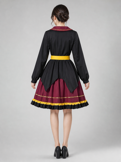 The costume dress features a combination of black, burgundy, gold, and yellow colors. The design has a black long sleeve and a burgundy notched collar attached to the dress bodice. The front is decorated with a diagonal striped panel, while