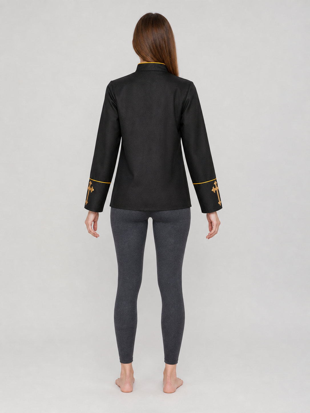 Black stand-collar jacket with gold trim