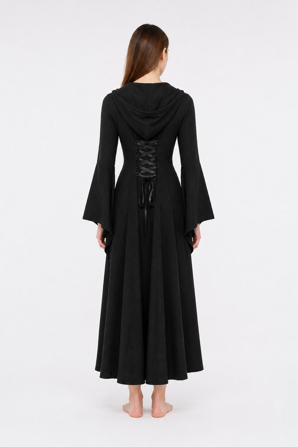Long Gothic Hooded Lace-Up Dress back view