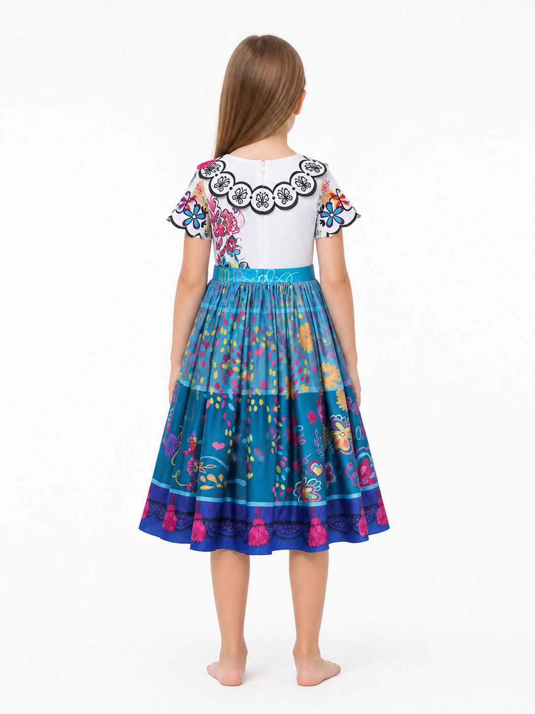Girls' Multicolor Princess Dress with Floral Print back view