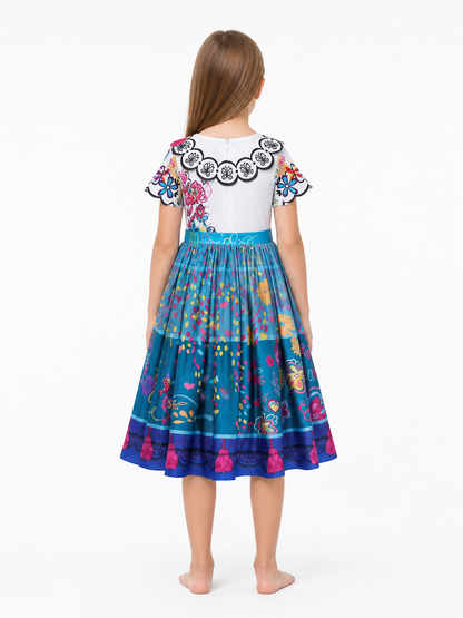 Girls' Multicolor Princess Dress with Floral Print back view