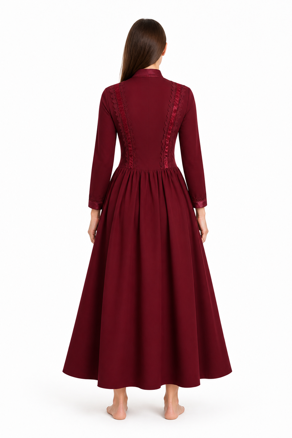 Gothic Lace Dress with High Collar, Burgundy back view